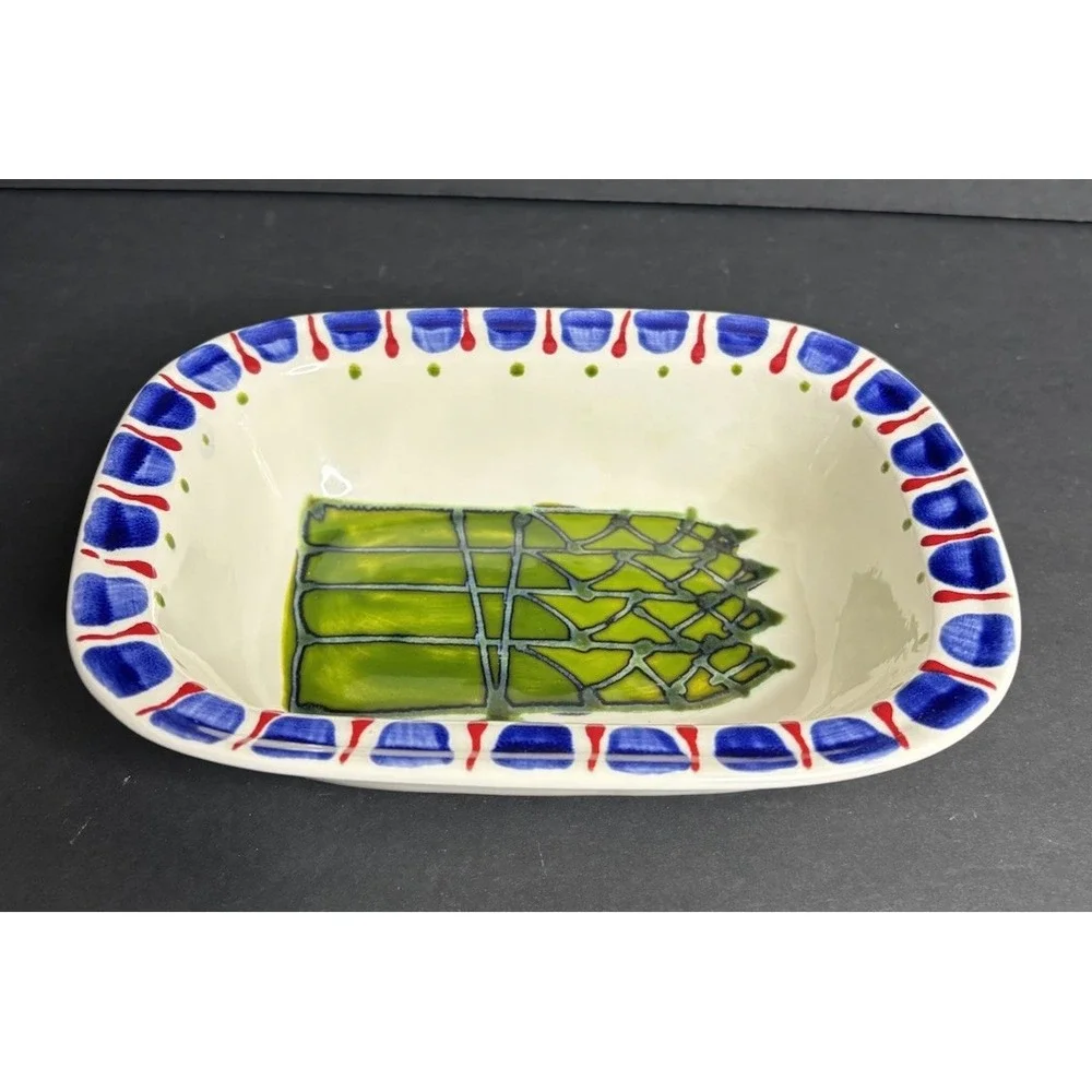 Studio Pottery Bowl Small Serving Asparagus Design Handmade Painted Signed
